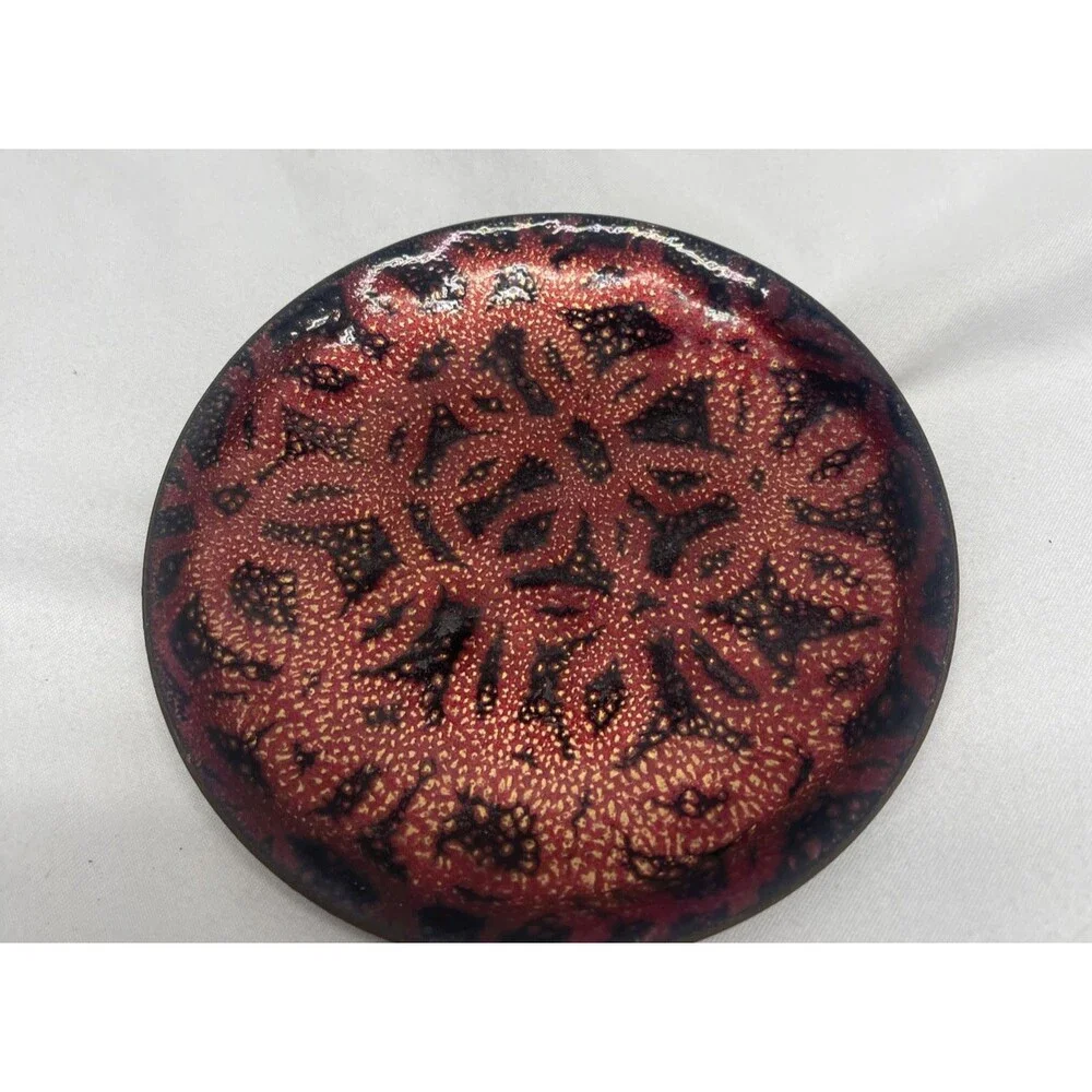 MCM Vintage Enamel Copper Boho Design Red Trinket Dish Ashtray 5